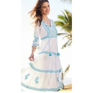 Soft Surroundings Juniper Midi Dress Women XS Boho White Blue Embroidered Tiered